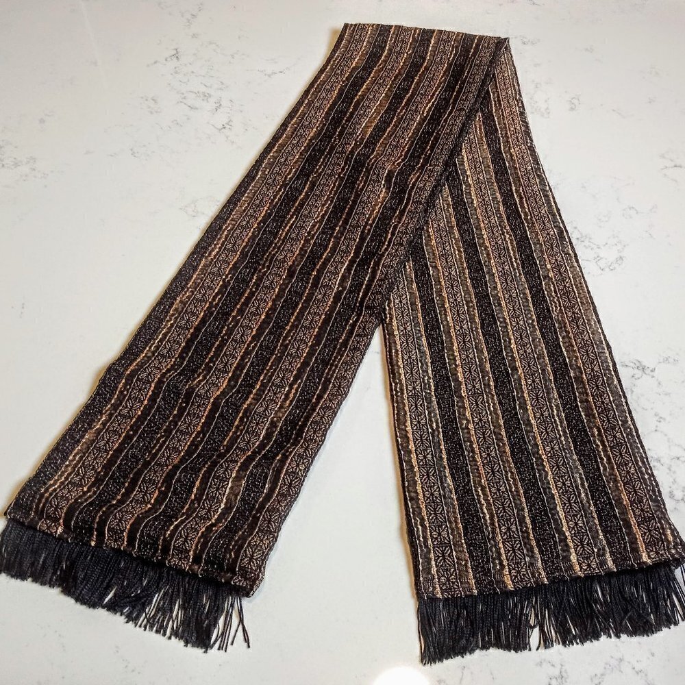 Black & Gold Oblong Fringed Silk Brocade Scarf